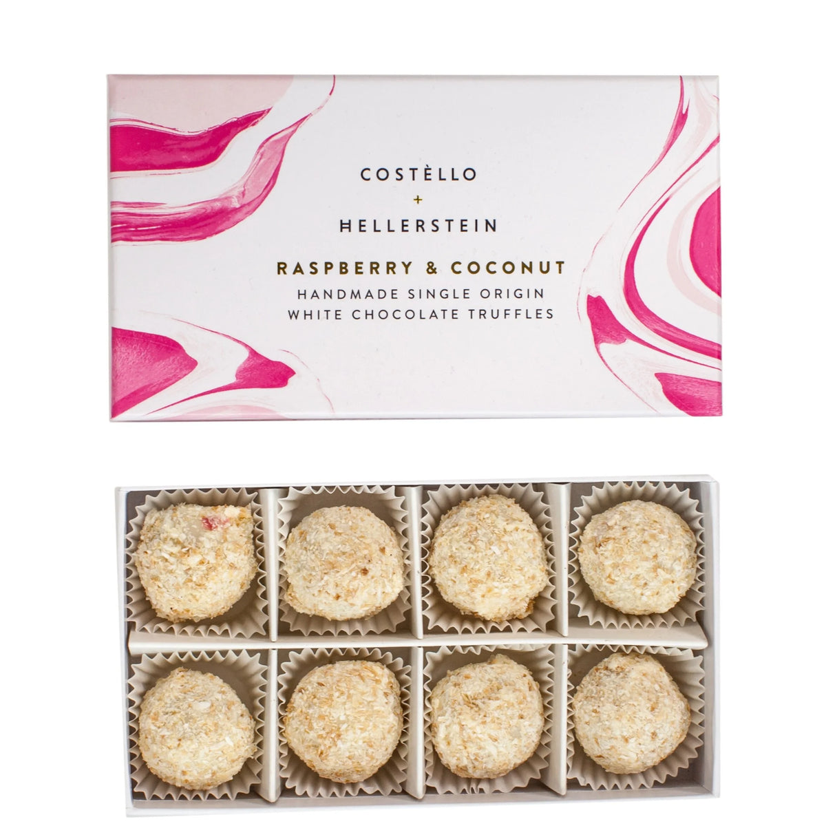 Box of raspberry and coconut white chocolate truffles with Costello Hellerstein branding.